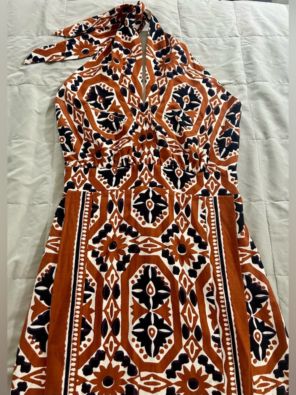 Sezane Alana Dress, Halter Midi Dress Size 42 / US 10, Rust Brown, Black, Cream - Picture 3 of 16